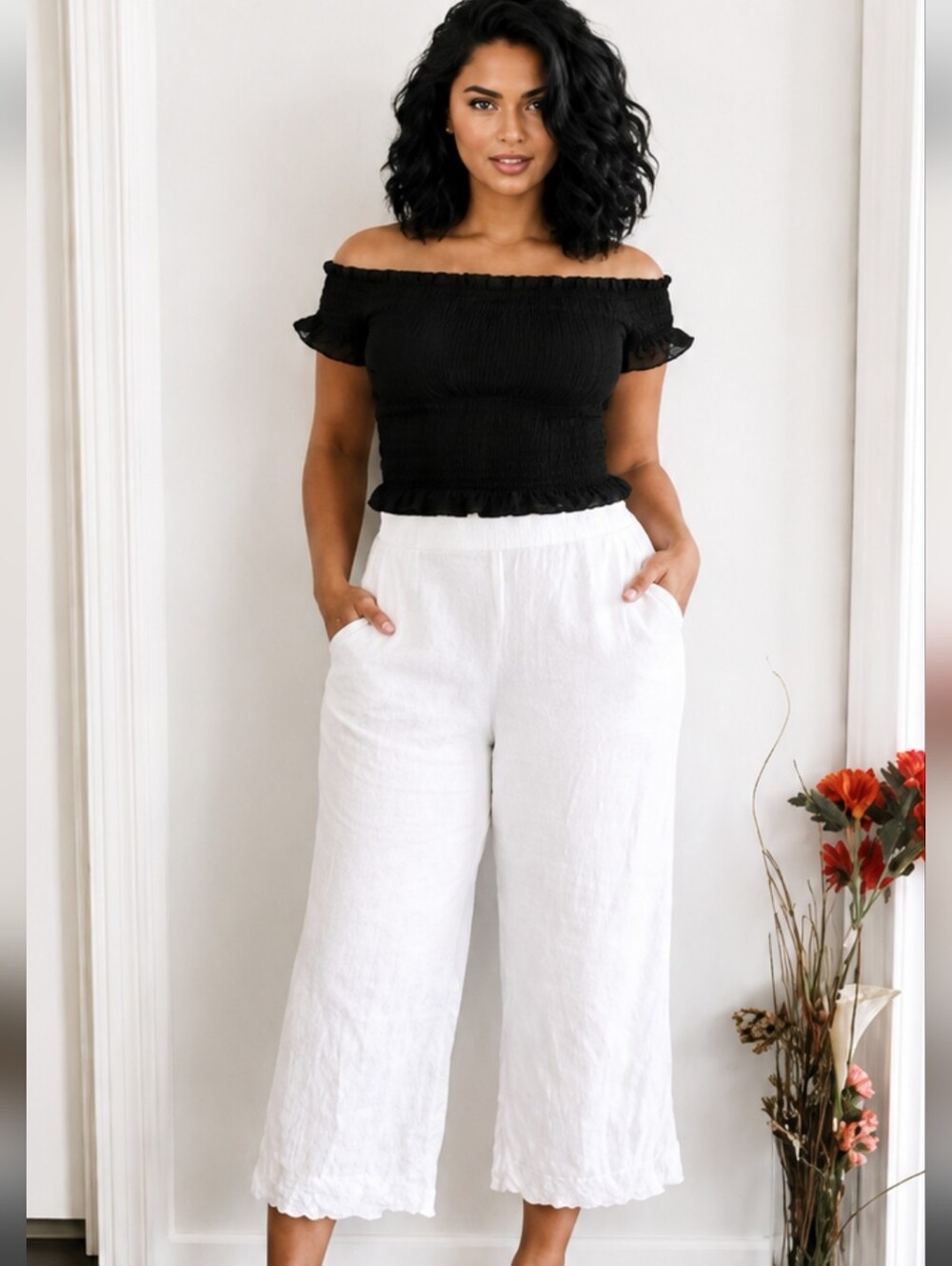 Women’s Wide-Leg Linen Blend Crop Pants in White